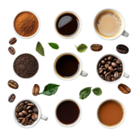 A variety of coffee types and ingredients arranged aesthetically on a transparent surface, Different types of coffee and ingredients png