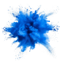 Vibrant blue color powder explosion against a transparent background creating a striking visual effect, blue color powder pulver explosion isolated on transparent background png
