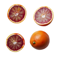 Fresh red blood oranges sliced open on a clean transparent background showcasing their vibrant color and texture, Red blood oranges on transparent background png