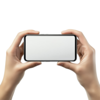 Horizontal smartphone mockup held by hands against a clean transparent background for display and design purposes, Mobile phone display mockup, horizontal smartphone screen in hands, isolated on png