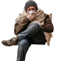 A patient sitting in a chair, wrapped in a blanket, struggling with cold and flu symptoms in a cozy indoor setting, file no background Patient with cold and flu sitting on a chair png