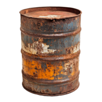 Old rusty oil barrel isolated against a transparent background highlighting its worn texture and faded colors, old rusty oil barrel isolated on transparent background png