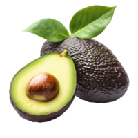 Fresh avocado on a transparent background with a halved fruit showcasing its green flesh and brown seed, avocado isolated on transparent background png
