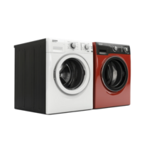 Two modern washing machines in black and red isolated on a clean transparent background for product display, washing machines isolated on transparent background png