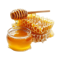 Delicious honey drips from a wooden dipper above a jar of golden honey next to fresh honeycomb on a transparent background, honeycomb and honey isolated on transparent background png