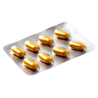 Blister pack of golden capsules arranged neatly on a transparent surface ready for use in health and wellness applications, pills in a foil blister package on transparent background png