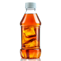 A refreshing bottle of iced tea with ice cubes on a clean transparent background, bottle of ice tea on transparent background png