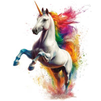 A colorful unicorn leaps joyfully against a pure transparent background, showcasing a vibrant rainbow mane and tail, Unicorn on transparent background png