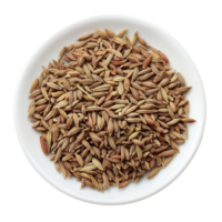 Cumin seeds arranged in a transparent plate on a light background, showcasing their texture and natural color, cumin seeds in plate on transparent background png