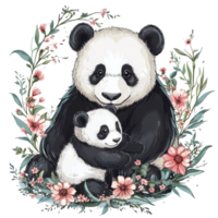 A mother panda gently embraces her cub amidst a backdrop of colorful floral decorations, Mother Panda with Cub and Floral Decoration, illustrastion for mother days on transparent background png