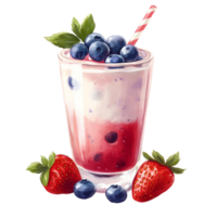 Refreshing yogurt drink featuring strawberries and blueberries served in a glass with a pink background, Strawberries and blueberries yogurt drink png