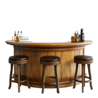Stylish wooden bar counter with stools and drinks set against a transparent background, Bar counter isolated on transparent background png