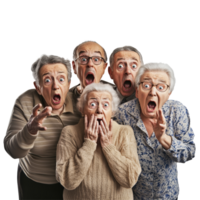 A group of surprised elderly individuals expressing shock and fear in a bright setting, group of scared surprised old people, file of isolated object on transparent background png
