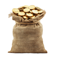 A burlap sack overflowing with gold coins sits atop a smooth surface in a welllit environment, Burlap sack full with gold coins isolated on transparent background Stock Photo png