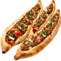 Delicious Turkish pide with assorted fillings presented on a transparent background, Isolated turkish pizza pide with assorted filling png