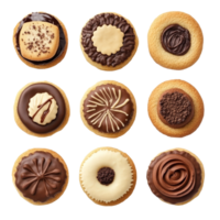 Delicious variety of cookies with different toppings displayed on a transparent background ready for a sweet treat, cookies with various toping top view isolated on transparent background png