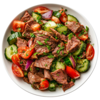 Cold beef salad with fresh vegetables presented in a bowl against a transparent background, Cold beef salad top view isolated on transparent background png