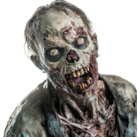 A terrifying zombie with decaying features and hollow eyes stands against a stark transparent background, evoking fear, Terrifying Zombie on transparent background png