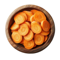 Fresh carrot slices arranged in a wooden bowl on a transparent background for healthy eating presentation, carrot slices in wood bowl on transparent background png