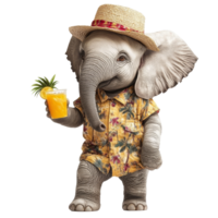An elephant dressed casually enjoys a tropical drink on a sunny day at a beach, Elephant in Casual Outfit with Tropical Drink On transparent background png