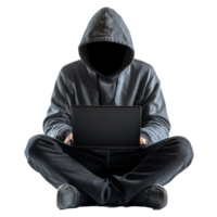 Hooded figure with hidden face working on laptop in a minimalist setting, Hooded Hacker with Laptop on transparent background png