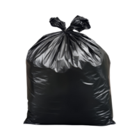A large black garbage bag isolated on a clean transparent background, ready for disposal or recycling in a tidy setting, Isolated Black Garbage Bag on transparent background png