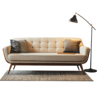 Stylish midcentury sofa adorned with decorative pillows, complementing a chic rug and modern floor lamp, Midcentury sofa with pillow rug and floor lamp, transparent background png