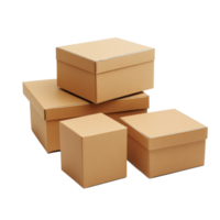 Brown gift boxes of different sizes arranged on a clean transparent background for packaging, boxes isolated on transparent background png