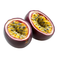 Half a passion fruit showcasing vibrant seeds and pulp on a clean transparent background, perfect for culinary uses, Half passion fruit isolated on transparent background png
