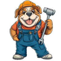 A cheerful cartoon bulldog worker wearing a cap and overalls holds a wrench against a plain transparent background, Cartoon Bulldog Worker with Wrench on transparent background Labor Day png