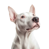 This Bull Terrier stands proudly against a transparent background, highlighting its distinctive face and attentive expression, Bull Terrier dog isolated on transparent background png