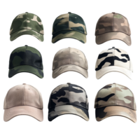 Military camouflage baseball caps displayed on a transparent background showcasing various patterns and colors, Military Camouflage Baseball Caps on transparent background png