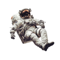 Astronaut character in spacesuit floats gracefully in zero gravity environment, Astronaut character in space suit floating in zero gravity on transparent background png