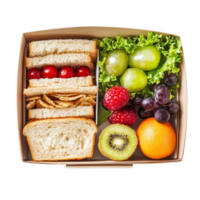 Healthy school breakfast box featuring a sandwich and assorted fresh fruits for a nutritious start to the day, Healthy School Breakfast Box with Sandwich and Fruit Isolated on transparent background png