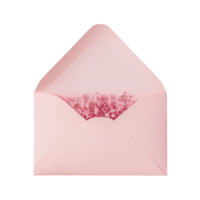 A delicate pink envelope with a card surrounded by flowers on a soft pink background, Pink open envelope with card png