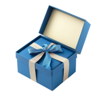 A blue open gift box with a ribbon sits elegantly on a transparent background, Blue open gift box with ribbon isolated on transparent background png
