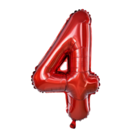 Bright red metallic number four balloon floating alone against a transparent background for celebration events, Number 4 red metallic inflatable balloon isolated on transparent background png