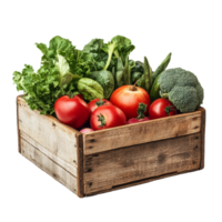 Fresh vegetables in a rustic wooden box against a clean transparent background for healthy eating inspiration, wooden box with vegetables isolated on transparent background png