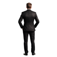 A corporate businessman standing confidently with hands on hips, viewed from the back in a professional setting, Corporate businessman standing back view file no background png