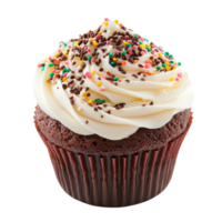 Delicious freshly baked cupcake topped with sprinkles, perfect for dessert on a bright transparent background, fresh cup cake isolated on transparent background png