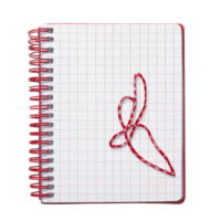 A red spiral notebook with grid lines open on a flat surface showcasing a ribbon design in the center, The notebook has grid lines with a looped spine on transparent backgroundfile png