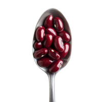 A closeup of shiny red beans resting in a metal spoon against a clean transparent background for culinary use, red beans in the spoon on transparent background png