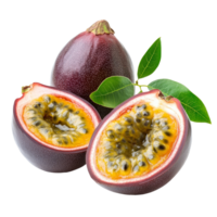 Fresh passion fruit halves with seeds and leaves isolated on a clean transparent background, of passion fruit isolated on transparent background png
