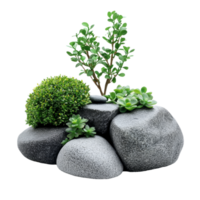 modern dekorativ Steine mit üppig Grün Pflanzen vereinbart worden elegant im ein minimalistisch Einstellung, modern dekorativ Steine mit Pflanzen isoliert auf transparent Hintergrund png