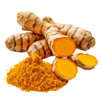 Fresh turmeric root and ground turmeric powder displayed on a transparent background showcasing vibrant colors and textures, Turmeric isolated on transparent background png