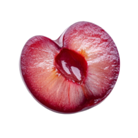 Freshly sliced cherry plum on a clean transparent background showcasing its vibrant red color and juicy texture, slice cherry plum isolated on transparent background png