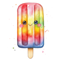 A cheerful kawaii cartoon popsicle with vibrant colors on a transparent background, perfect for summer fun, kawaii cartoon character popsicle on transparent background. popsicle transparent background png