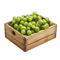 A rustic wooden box filled with fresh green grapes isolated on a clean transparent background, wooden box of green grapesisolated on transparent background png