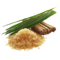 Palm sugar granules on a transparent background with green leaves and bamboo stalks for natural sweetness, palm sugar on transparent background png