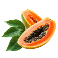 Half ripe papaya with green leaf isolated on a transparent background, showcasing its vibrant color and unique texture, half ripe papaya with leaf isolated on transparent background png